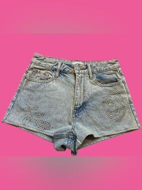 PacSun High Rise Jean Shorts/Silver Stud Rose Leaf Design Light Wash Size 24